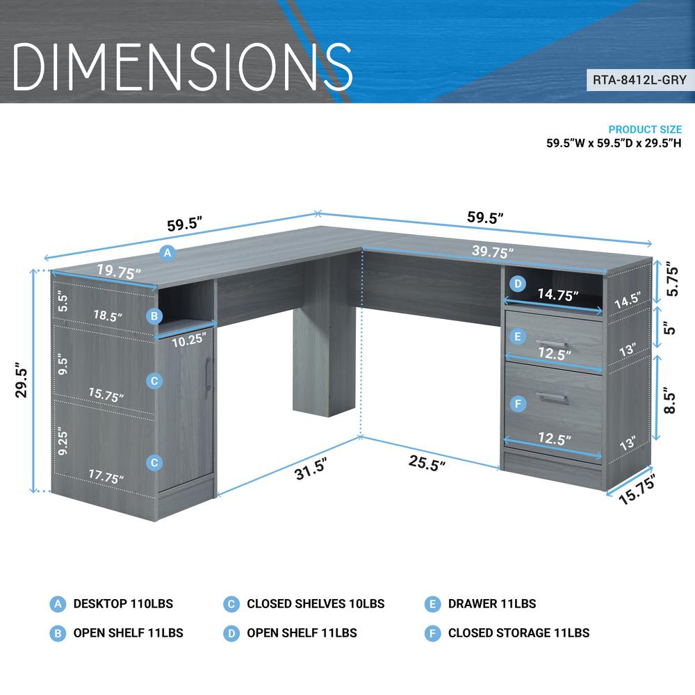 Techni Mobili Functional L-Shape Desk with Storage, Grey. Picture 12