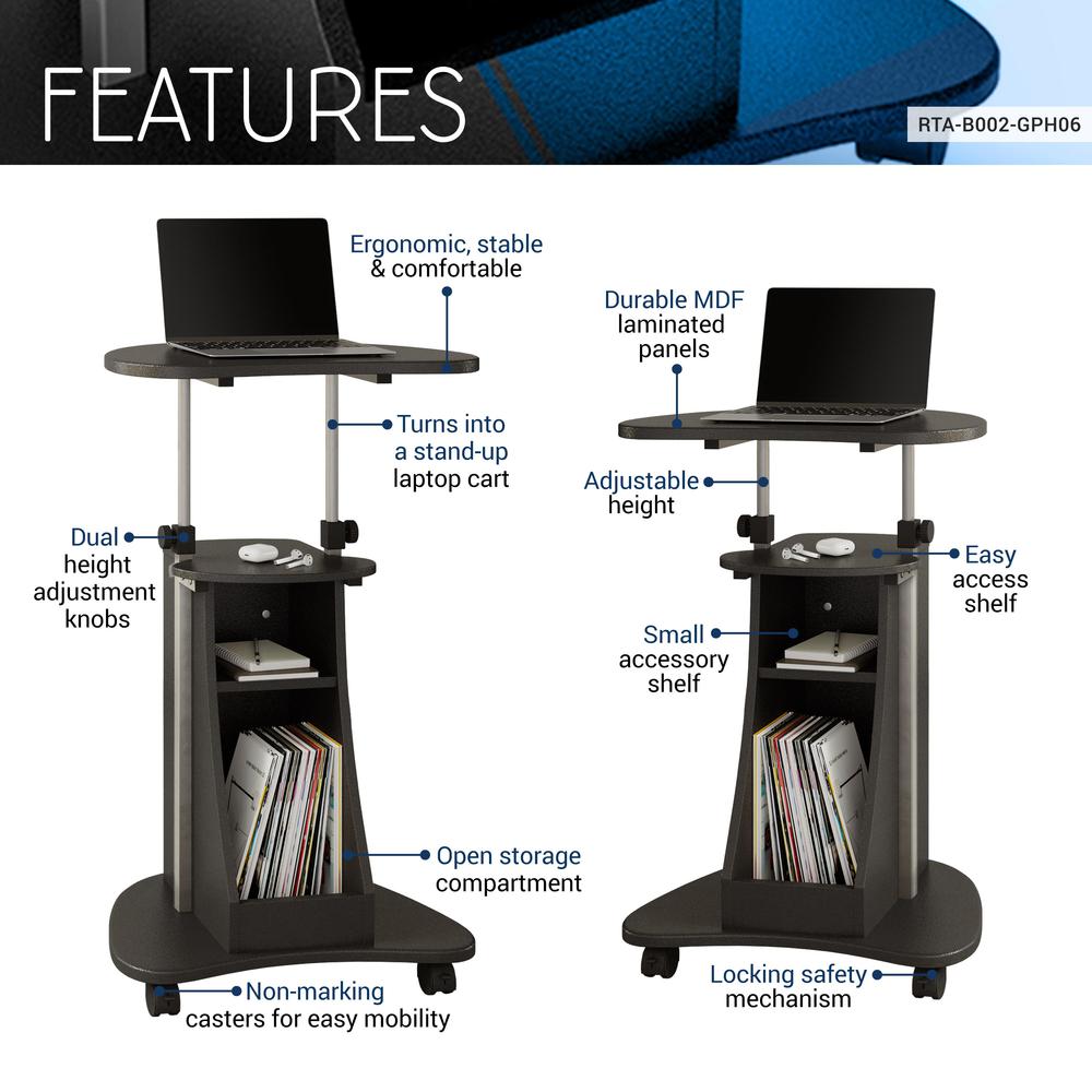 Rolling Adjustable Height Laptop Cart With Storage. Color: Graphite. Picture 5