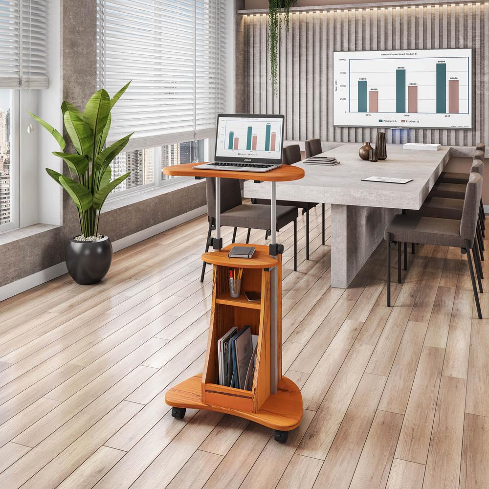 Rolling Adjustable Height Laptop Cart With Storage. Color: Woodgrain. Picture 14
