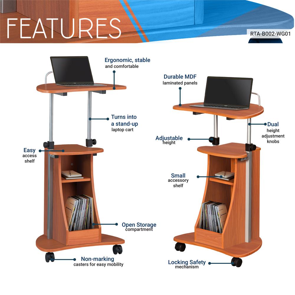 Rolling Adjustable Height Laptop Cart With Storage. Color: Woodgrain. Picture 8