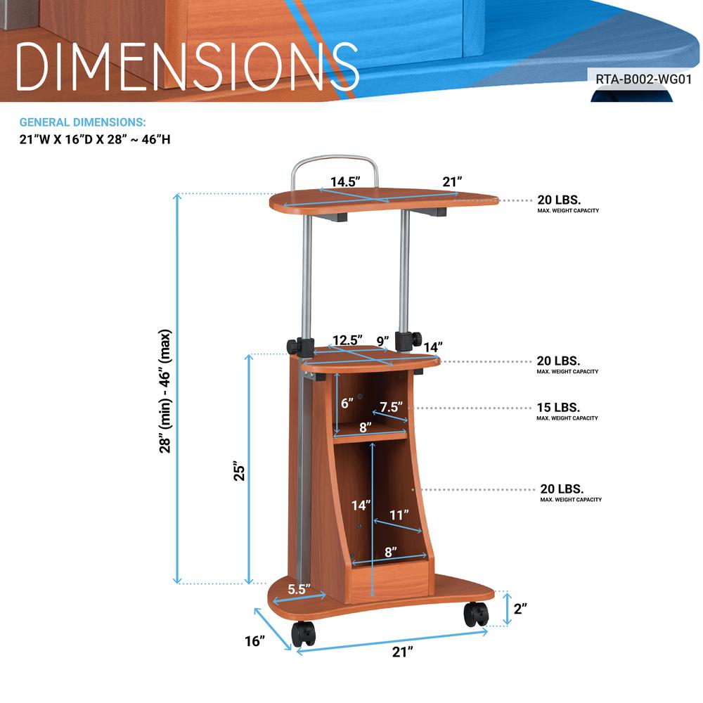 Rolling Adjustable Height Laptop Cart With Storage. Color: Woodgrain. Picture 9