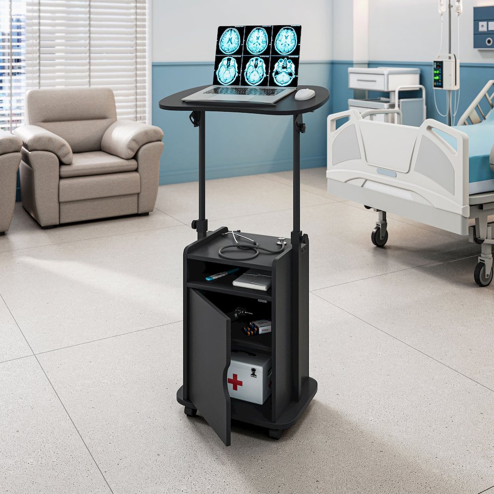 Sit-to-Stand Rolling Adjustable Laptop Cart With Storage, Black. Picture 5