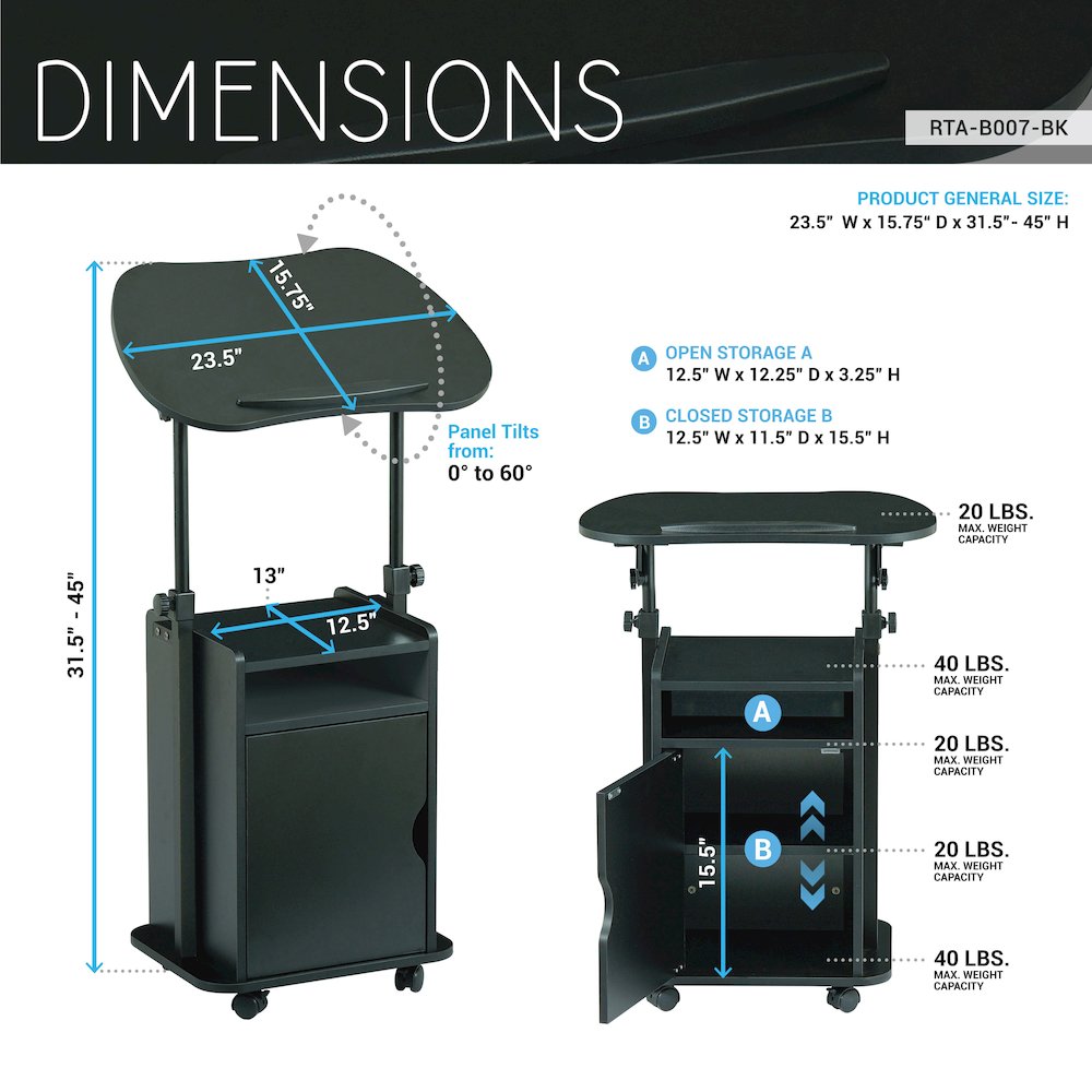 Sit-to-Stand Rolling Adjustable Laptop Cart With Storage, Black. Picture 7