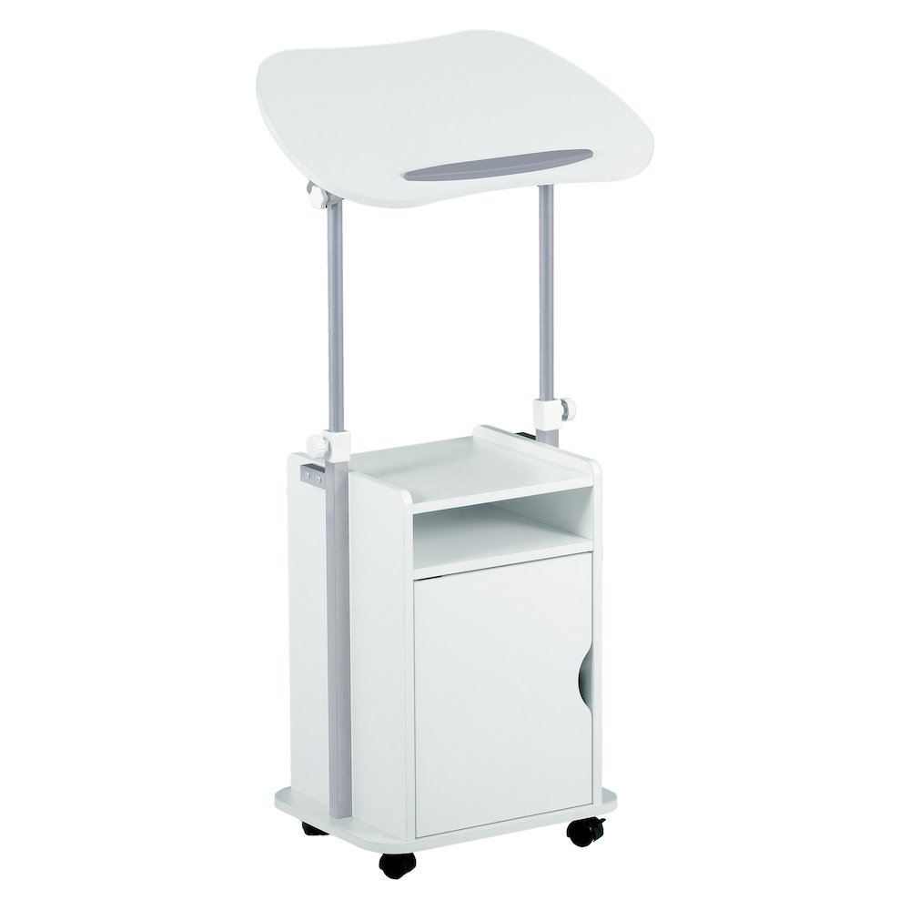 Sit-to-Stand Rolling Adjustable Laptop Cart With Storage, White. Picture 1
