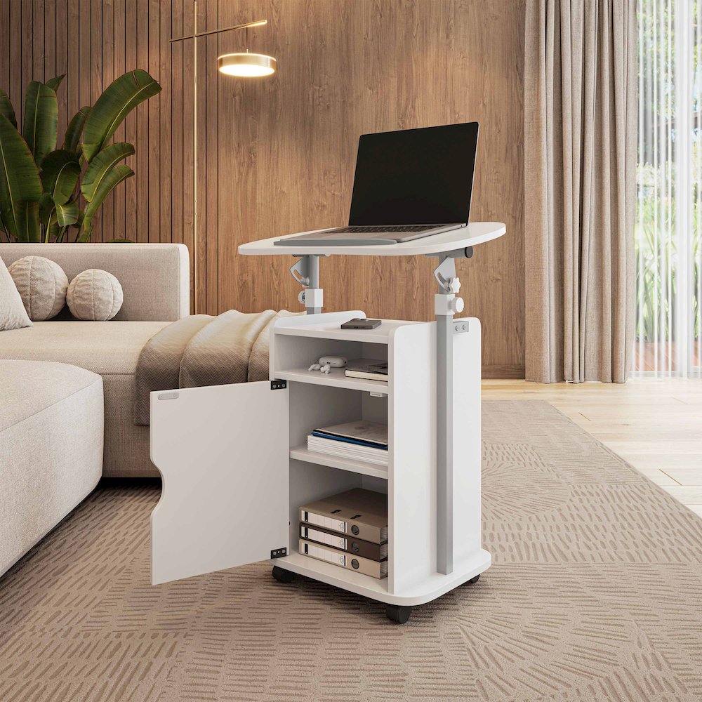 Sit-to-Stand Rolling Adjustable Laptop Cart With Storage, White. Picture 5