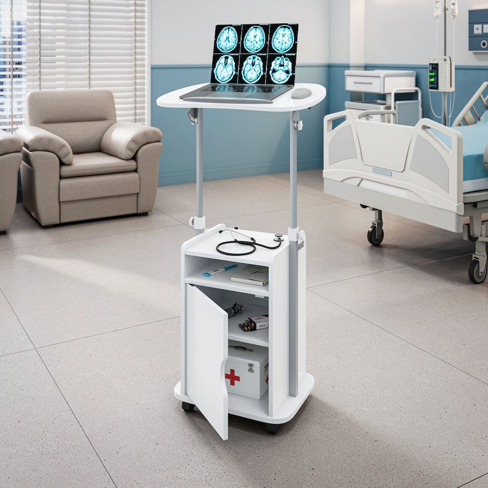 Sit-to-Stand Rolling Adjustable Laptop Cart With Storage, White. Picture 6