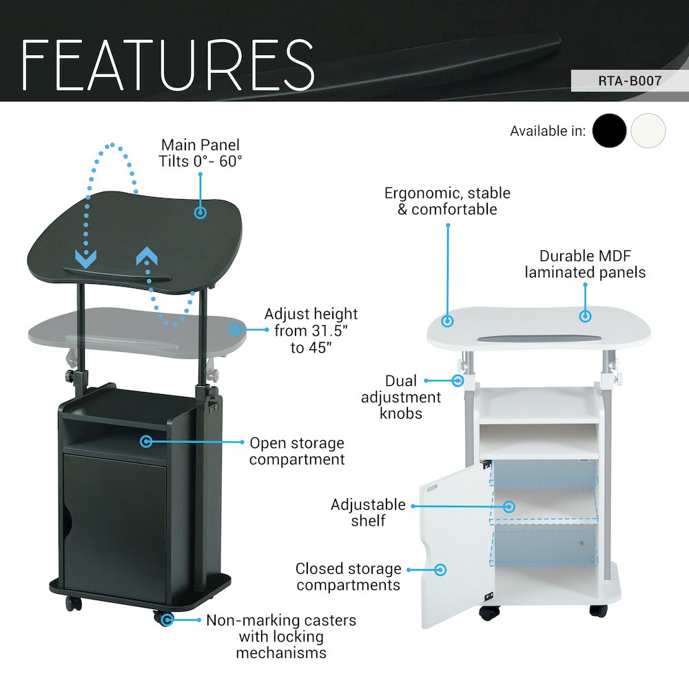Sit-to-Stand Rolling Adjustable Laptop Cart With Storage, White. Picture 7