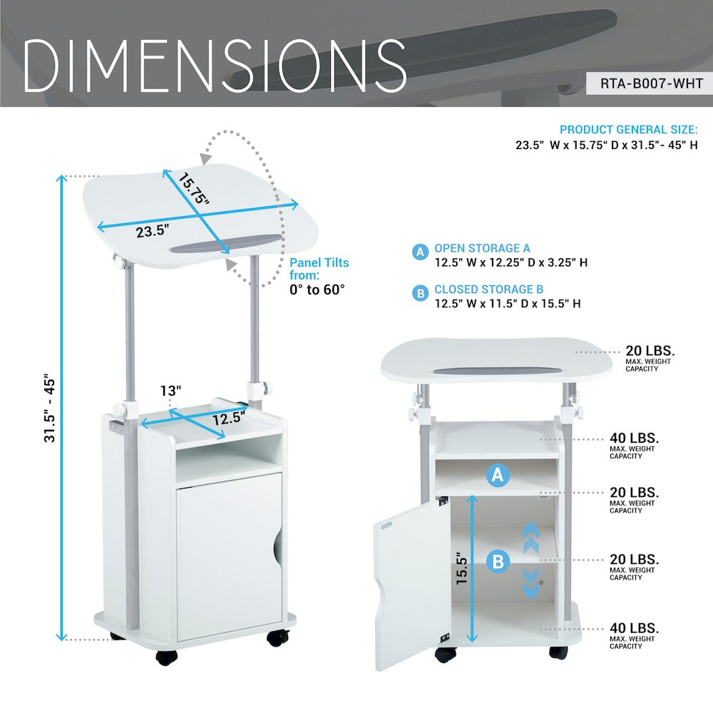 Sit-to-Stand Rolling Adjustable Laptop Cart With Storage, White. Picture 8
