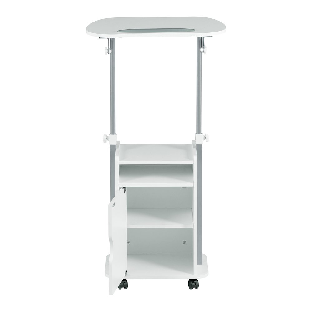 Sit-to-Stand Rolling Adjustable Laptop Cart With Storage, White. Picture 9