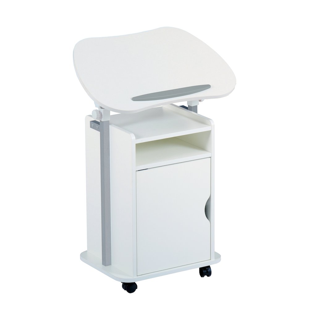Sit-to-Stand Rolling Adjustable Laptop Cart With Storage, White. Picture 10