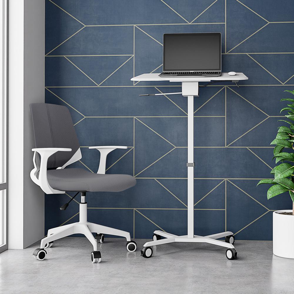 Techni Mobili White Sit to Stand Mobile Laptop Computer Stand with Height Adjustable and Tiltable Tabletop. Picture 11