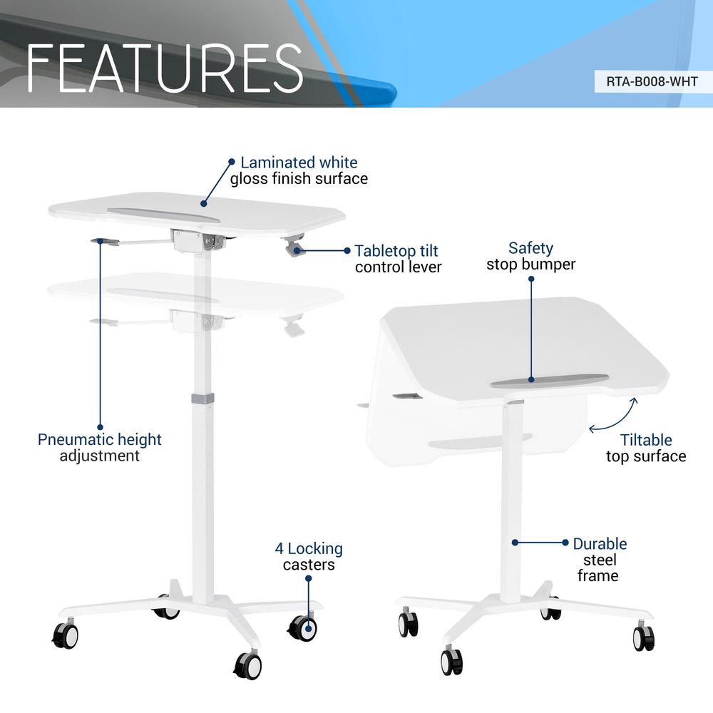Techni Mobili White Sit to Stand Mobile Laptop Computer Stand with Height Adjustable and Tiltable Tabletop. Picture 16