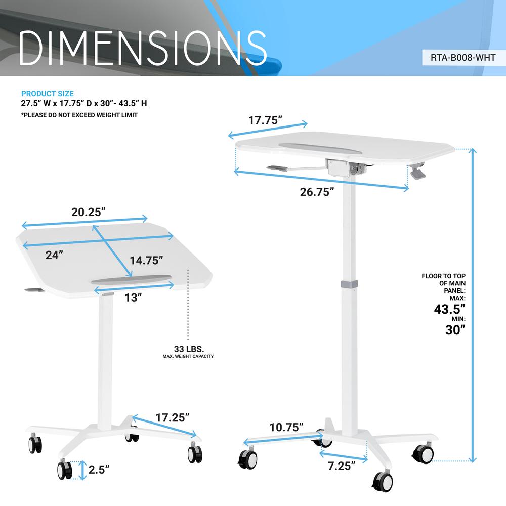 Techni Mobili White Sit to Stand Mobile Laptop Computer Stand with Height Adjustable and Tiltable Tabletop. Picture 17
