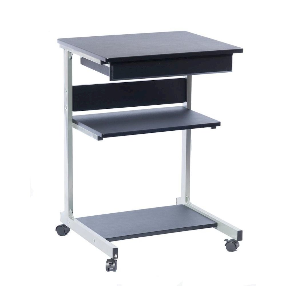Gray Computer Cart With Storage Drawer, Dual Shelves And Metal Frame. Picture 5