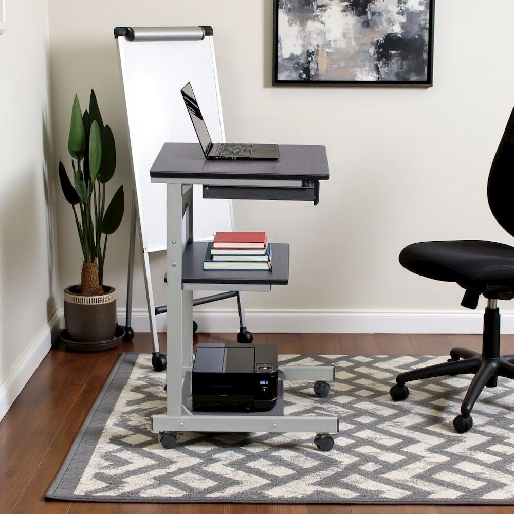 Gray Computer Cart With Storage Drawer, Dual Shelves And Metal Frame. Picture 3