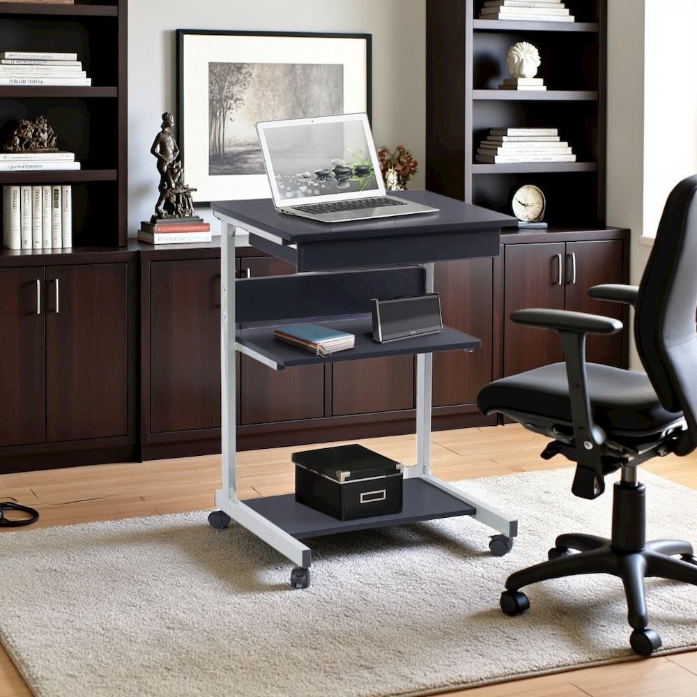 Gray Computer Cart With Storage Drawer, Dual Shelves And Metal Frame. Picture 2