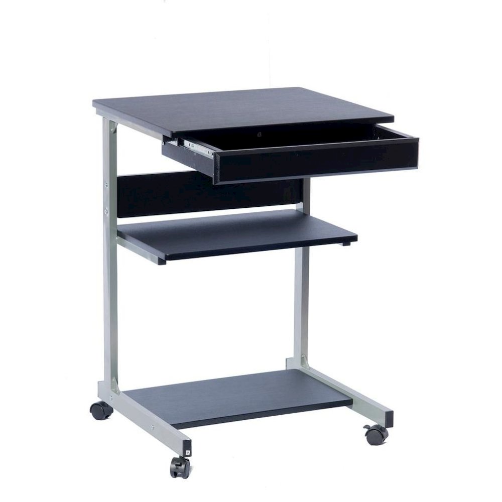 Gray Computer Cart With Storage Drawer, Dual Shelves And Metal Frame. Picture 6