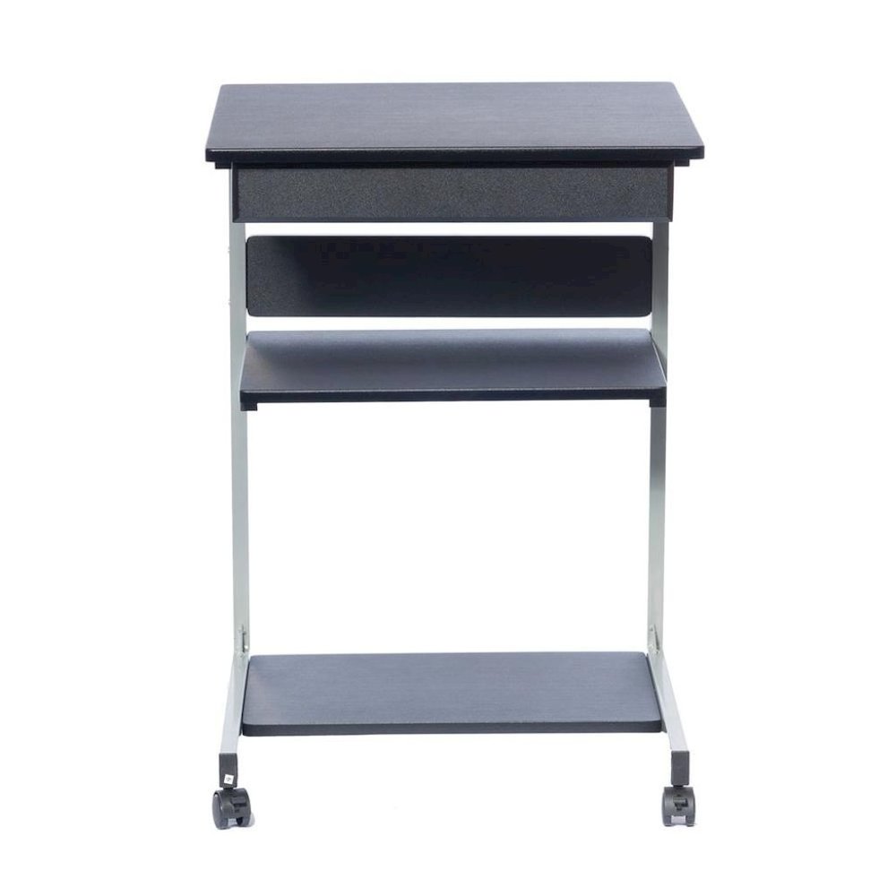 Gray Computer Cart With Storage Drawer, Dual Shelves And Metal Frame. Picture 4