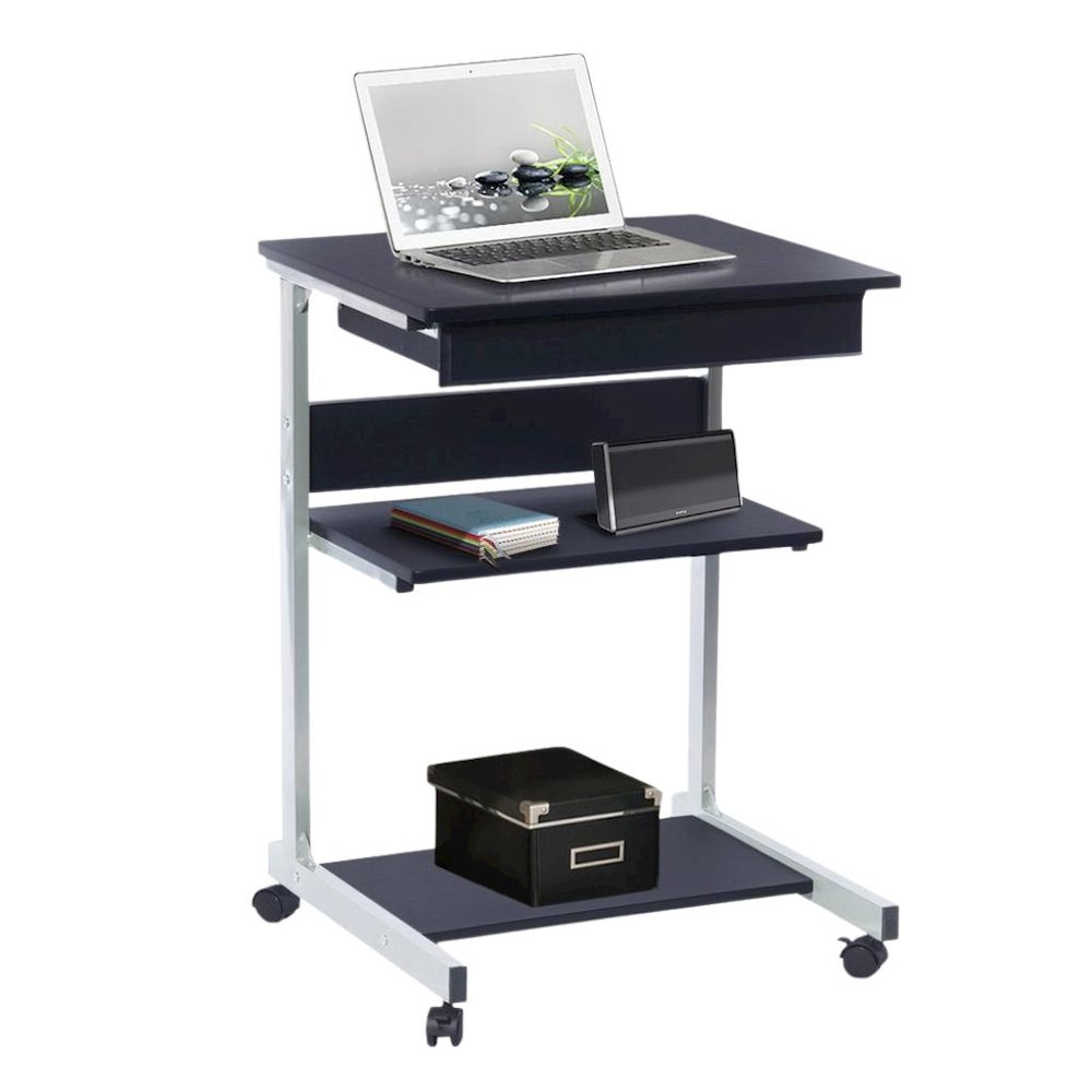 Gray Computer Cart With Storage Drawer, Dual Shelves And Metal Frame. Picture 1