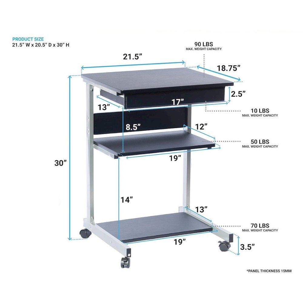 Gray Computer Cart With Storage Drawer, Dual Shelves And Metal Frame. Picture 8