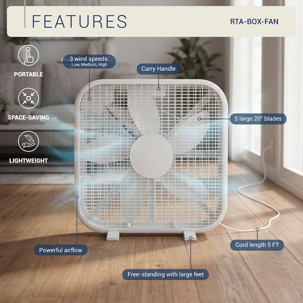 20 Inch Box Fan, 3-Speed Portable Cooling Fan With Carry Handle. Picture 7