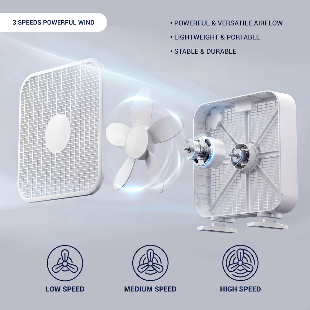 20 Inch Box Fan, 3-Speed Portable Cooling Fan With Carry Handle. Picture 8