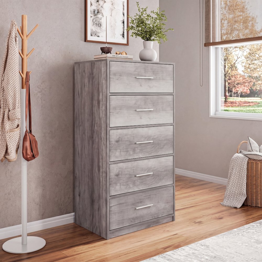 Wood Frame Dresser with 5 Large Fabric Drawers, 22.5"W x 43"H, Grey. Picture 2