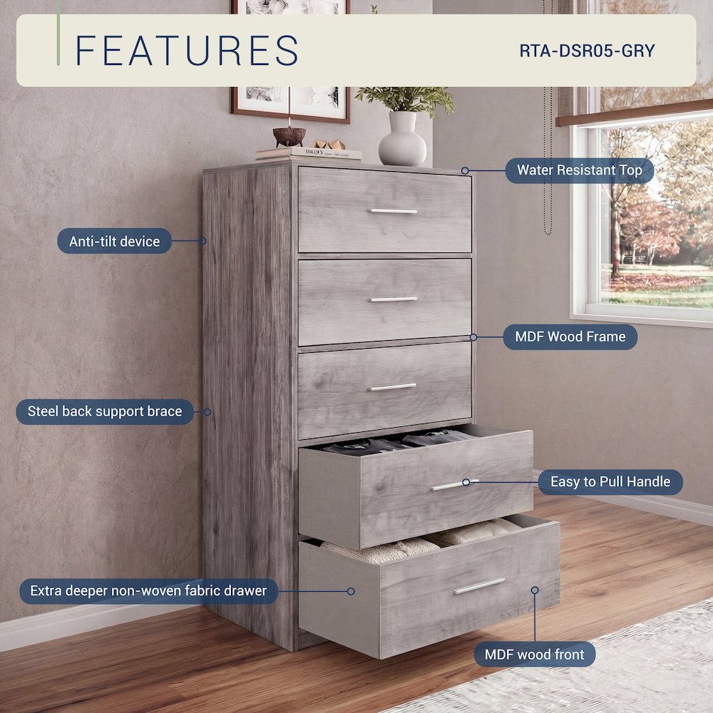 Wood Frame Dresser with 5 Large Fabric Drawers, 22.5"W x 43"H, Grey. Picture 5