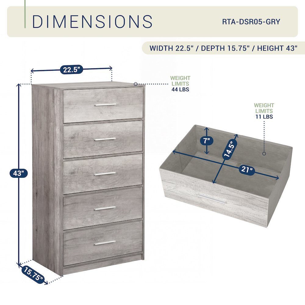 Wood Frame Dresser with 5 Large Fabric Drawers, 22.5"W x 43"H, Grey. Picture 11