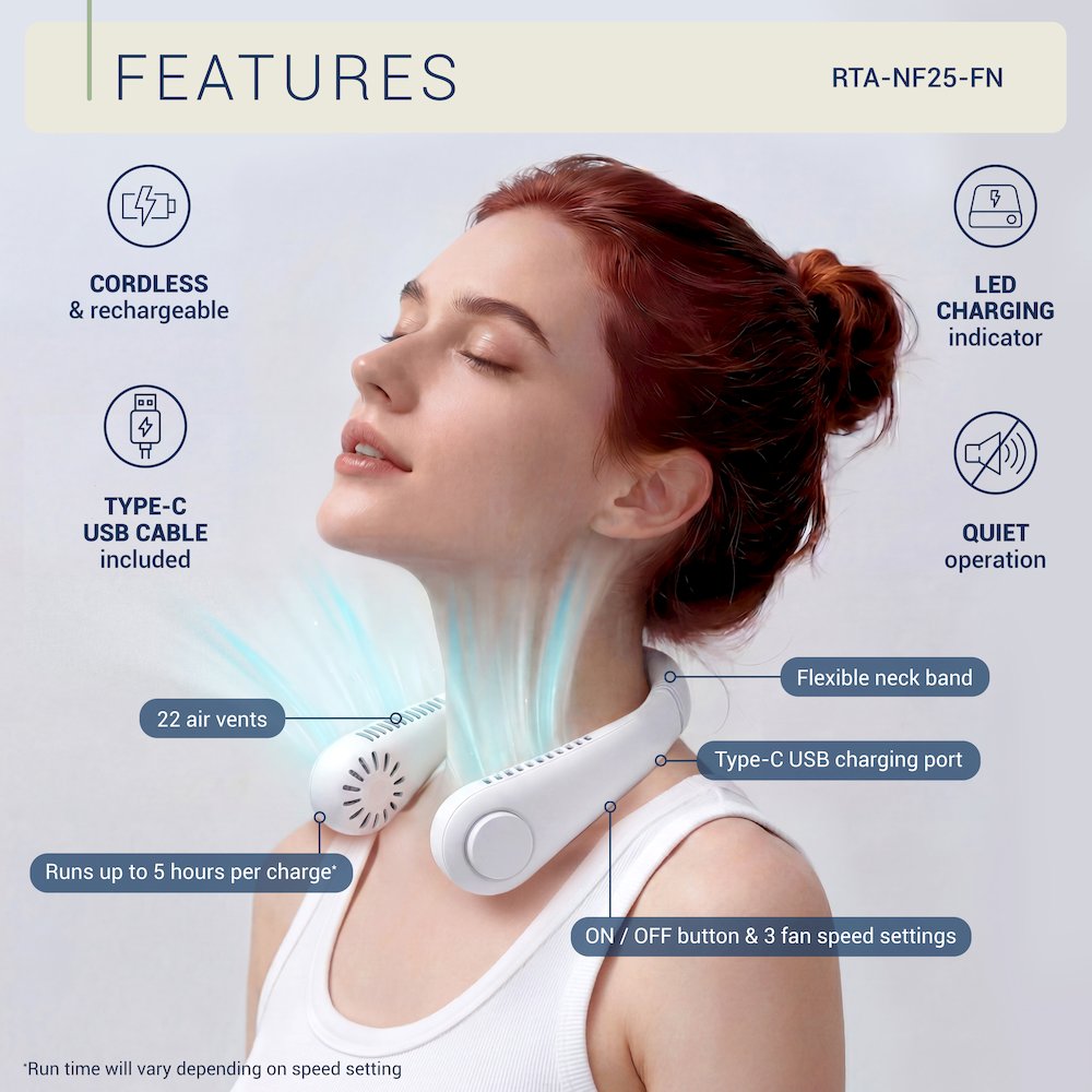 Rechargeable Bladeless Neck Fan, 3-Speed Hands-Free Wearable Cooling Fan. Picture 8