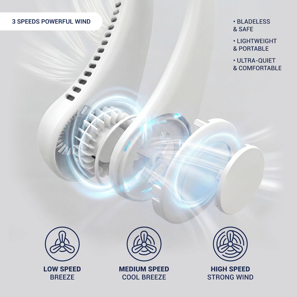 Rechargeable Bladeless Neck Fan, 3-Speed Hands-Free Wearable Cooling Fan. Picture 7