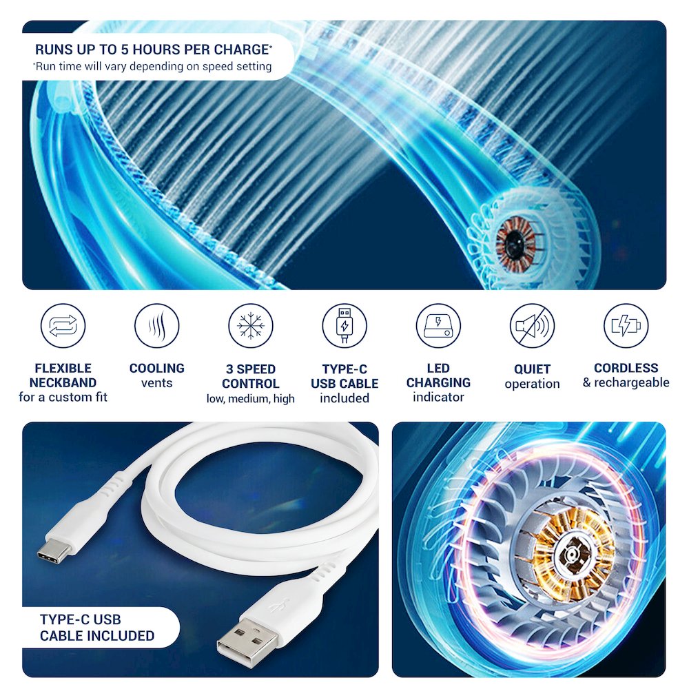 Rechargeable Bladeless Neck Fan, 3-Speed Hands-Free Wearable Cooling Fan. Picture 9