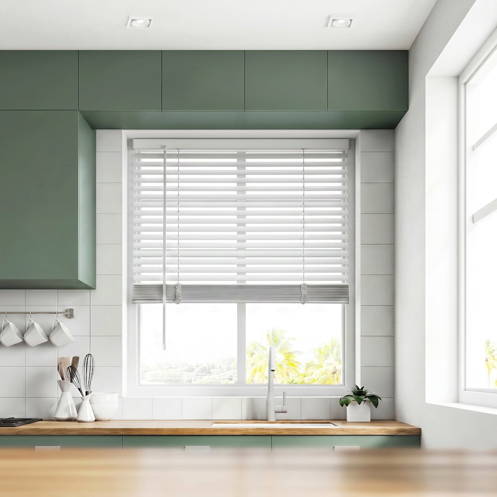 Cordless Mini Blinds, 1-Inch Vinyl, Light Filtering, 29"W x 60"H, White. Picture 6