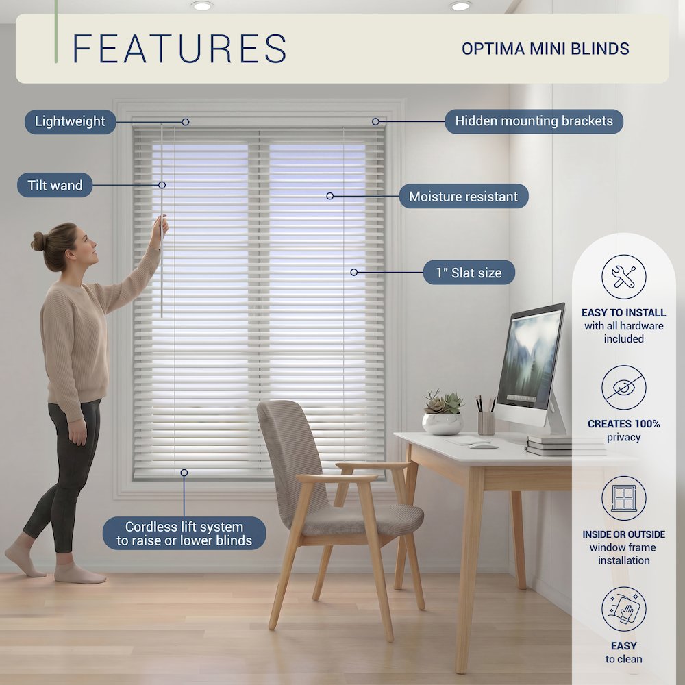 Cordless Mini Blinds, 1-Inch Vinyl, Light Filtering, 29"W x 60"H, White. Picture 7