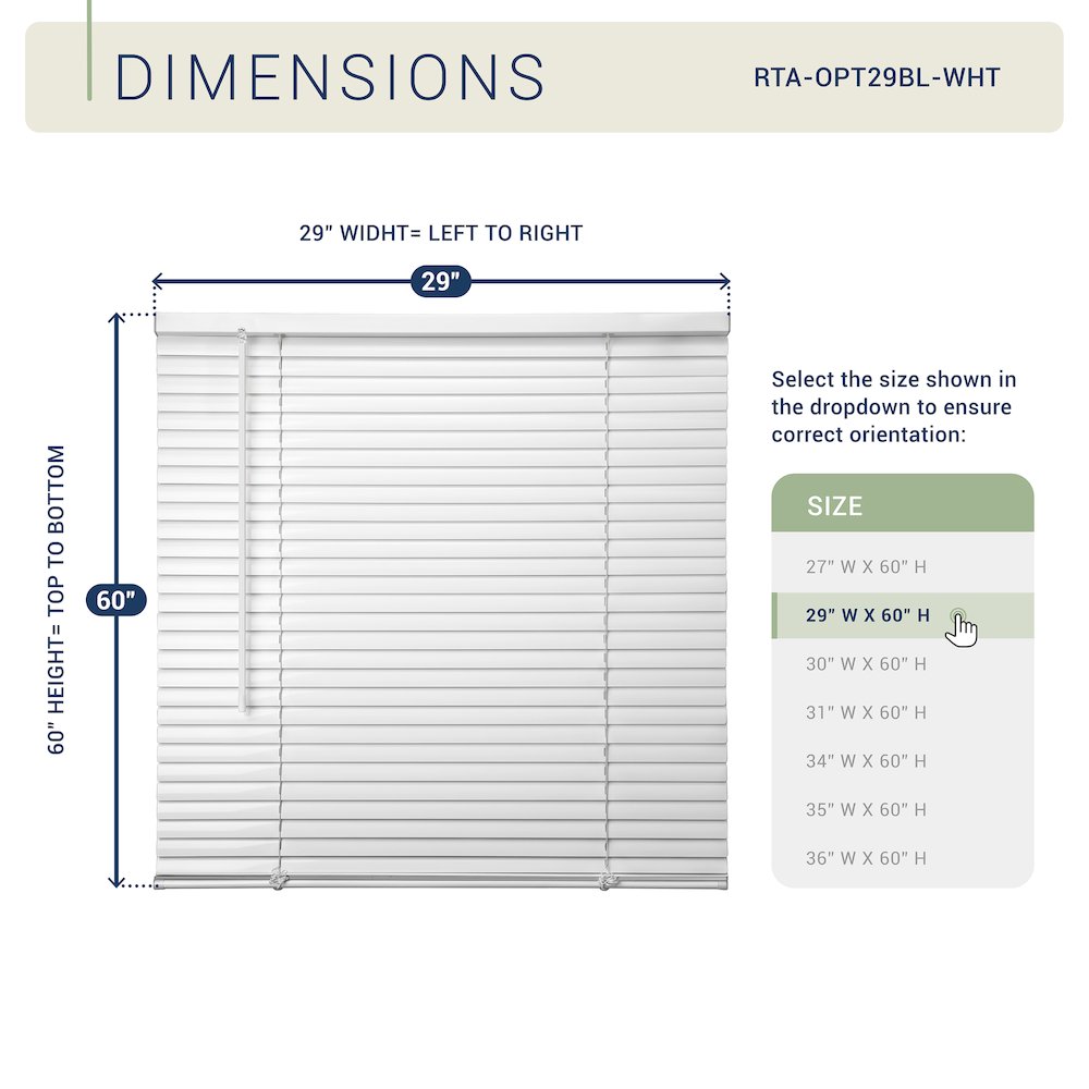 Cordless Mini Blinds, 1-Inch Vinyl, Light Filtering, 29"W x 60"H, White. Picture 10