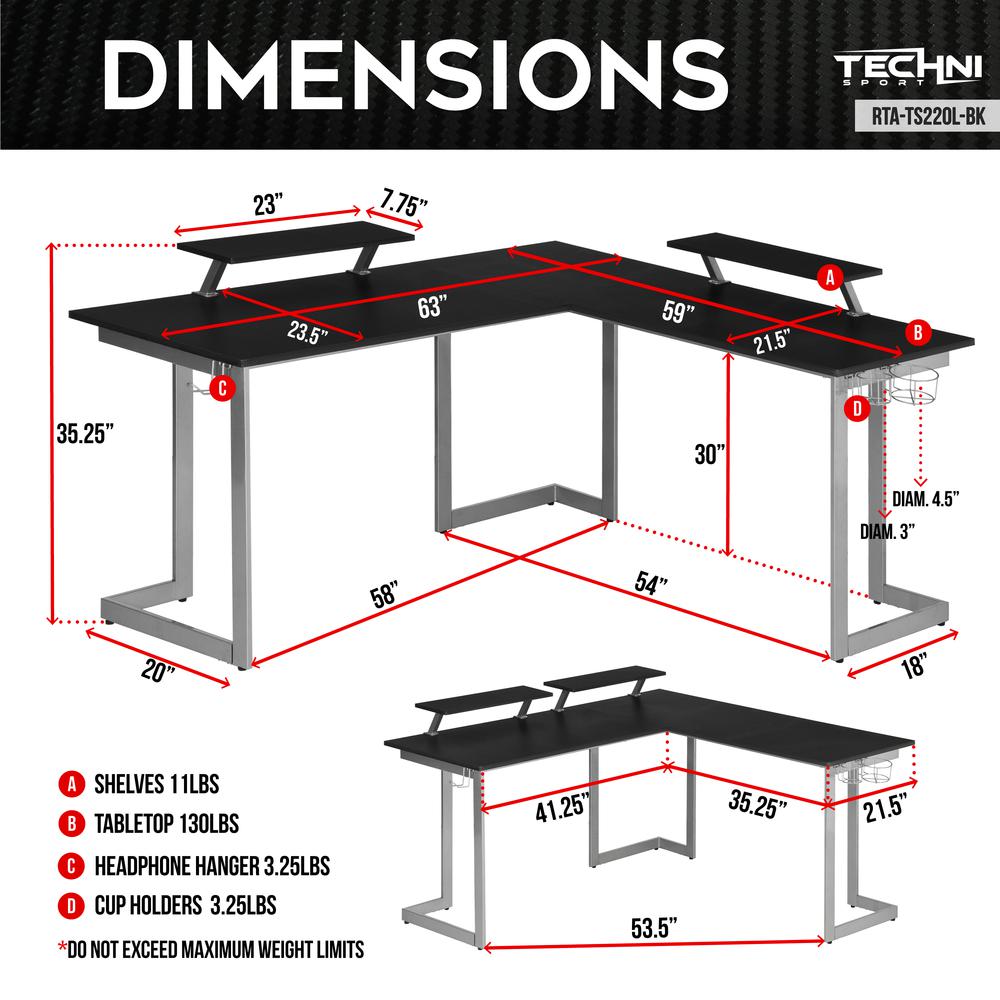 Techni Sport Warrior L-Shaped Gaming Desk, Black. Picture 11