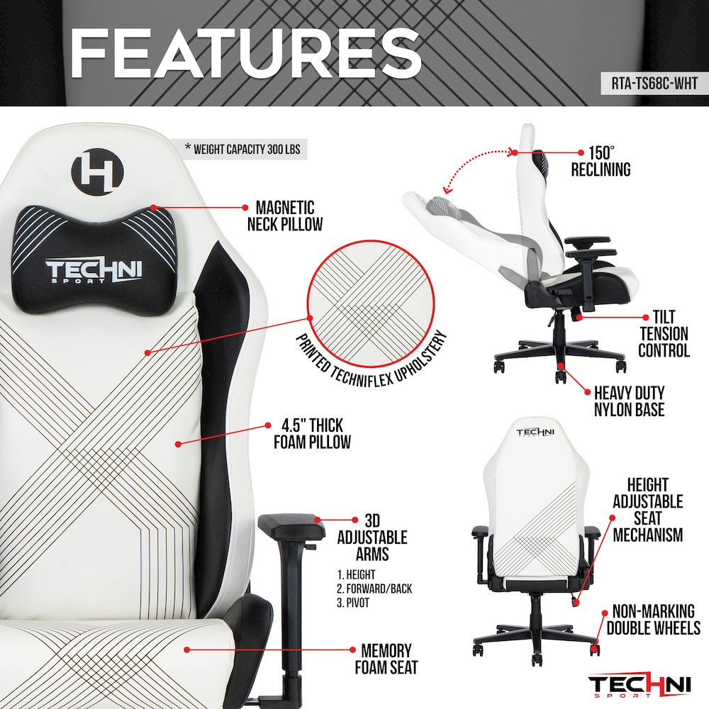 Techni Sport Comfort Edge White Gaming Chair. Picture 12