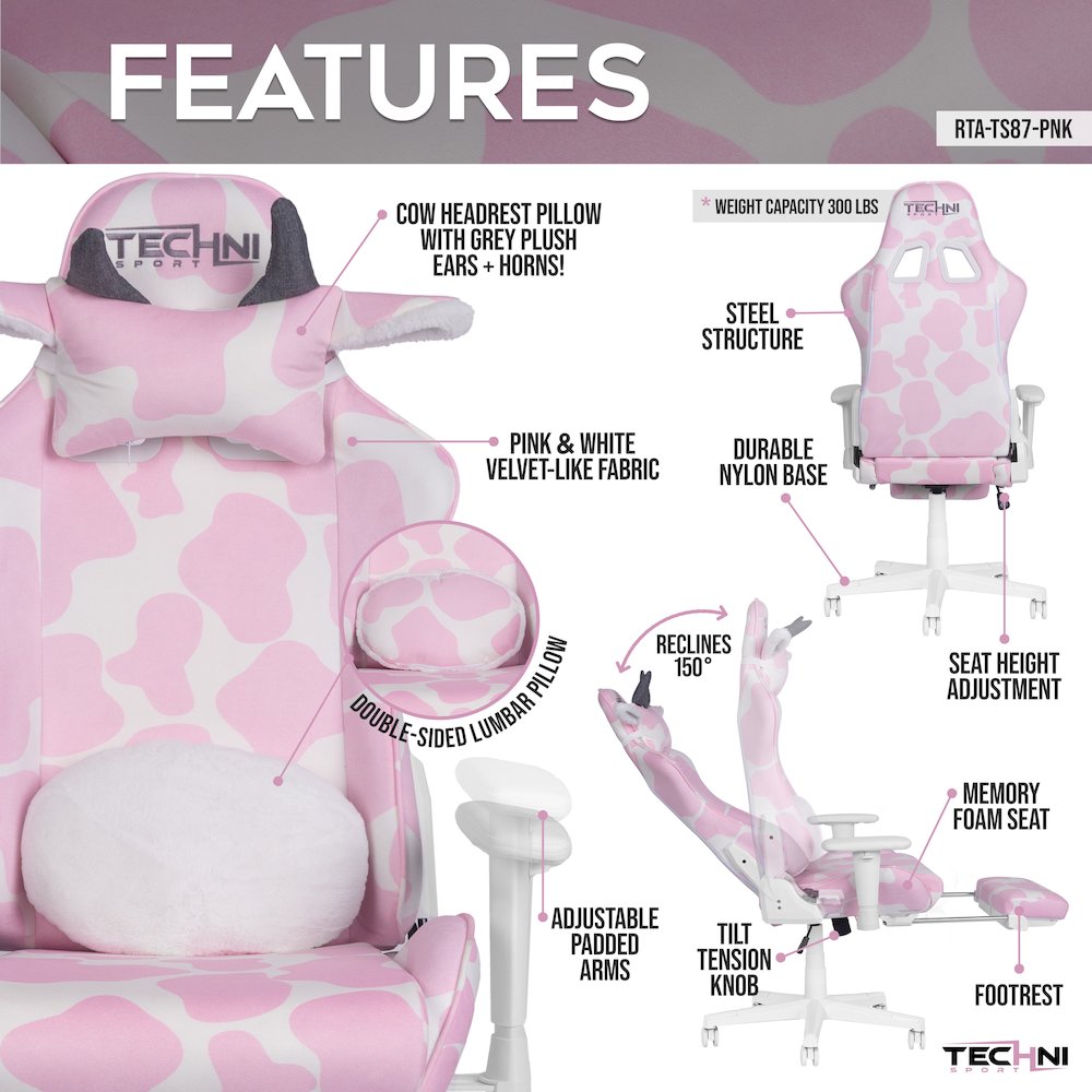 Pink COW Series Gaming Chair with Footrest. Picture 8