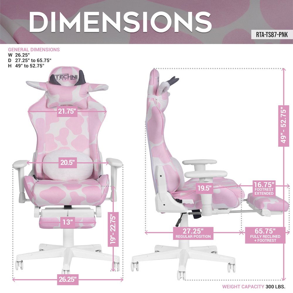 Pink COW Series Gaming Chair with Footrest. Picture 9