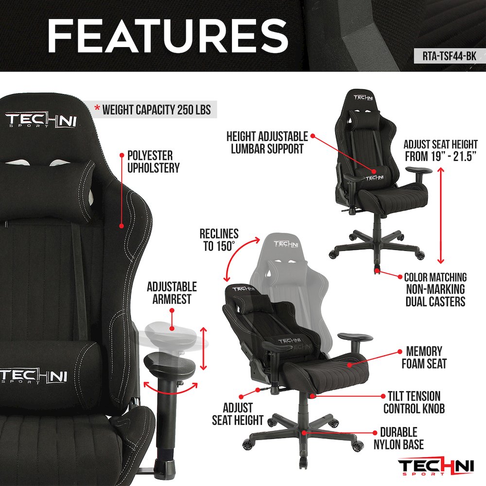 Fabric Ergonomic High Back Racer Style PC Gaming Chair, Black. Picture 13