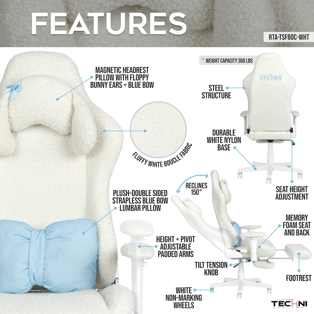 White Bunny Gaming Chair with Footrest. Picture 8