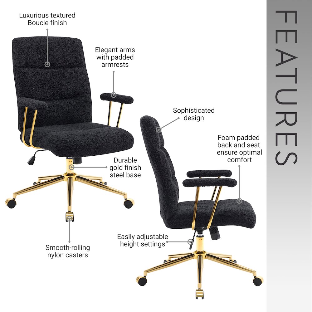 Textured Boucle Fabric Black and Gold Office Chair. Picture 7
