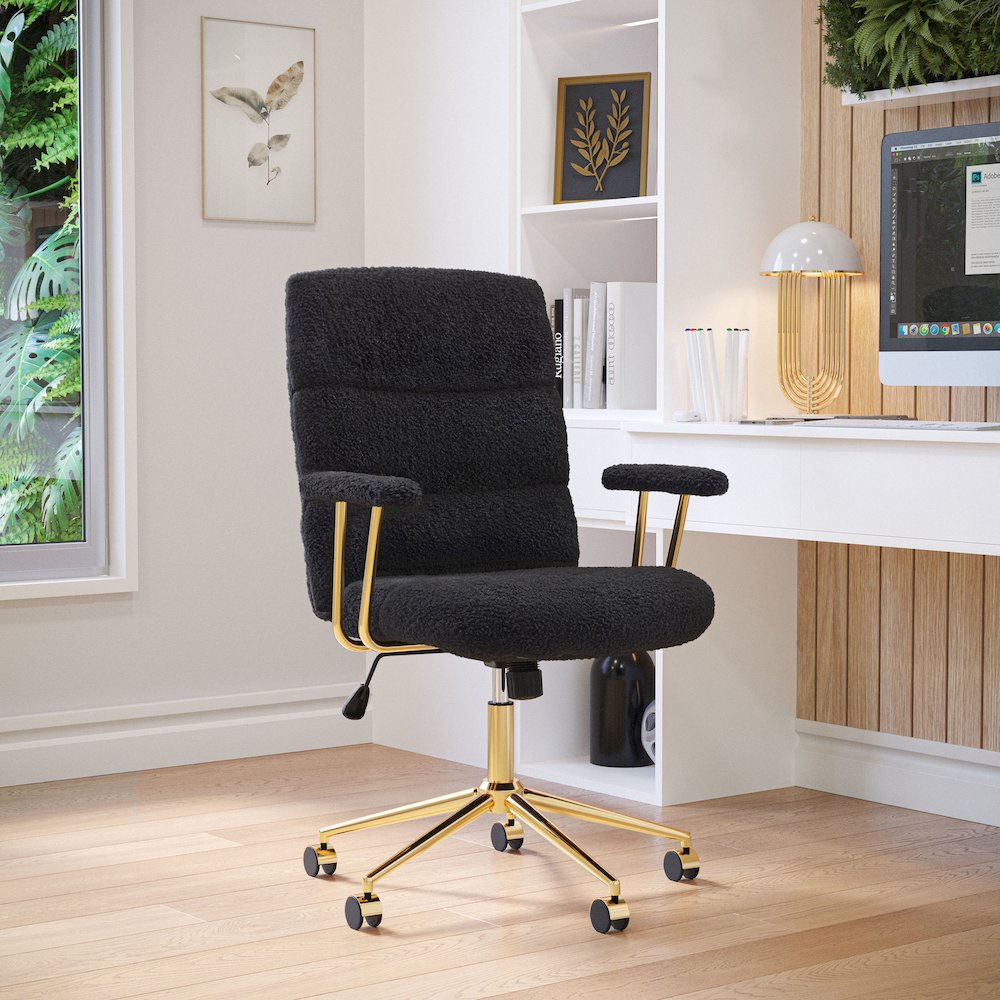 Textured Boucle Fabric Black and Gold Office Chair. Picture 8