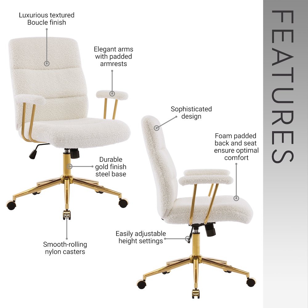 Textured Boucle Fabric White and Gold Office Chair. Picture 7