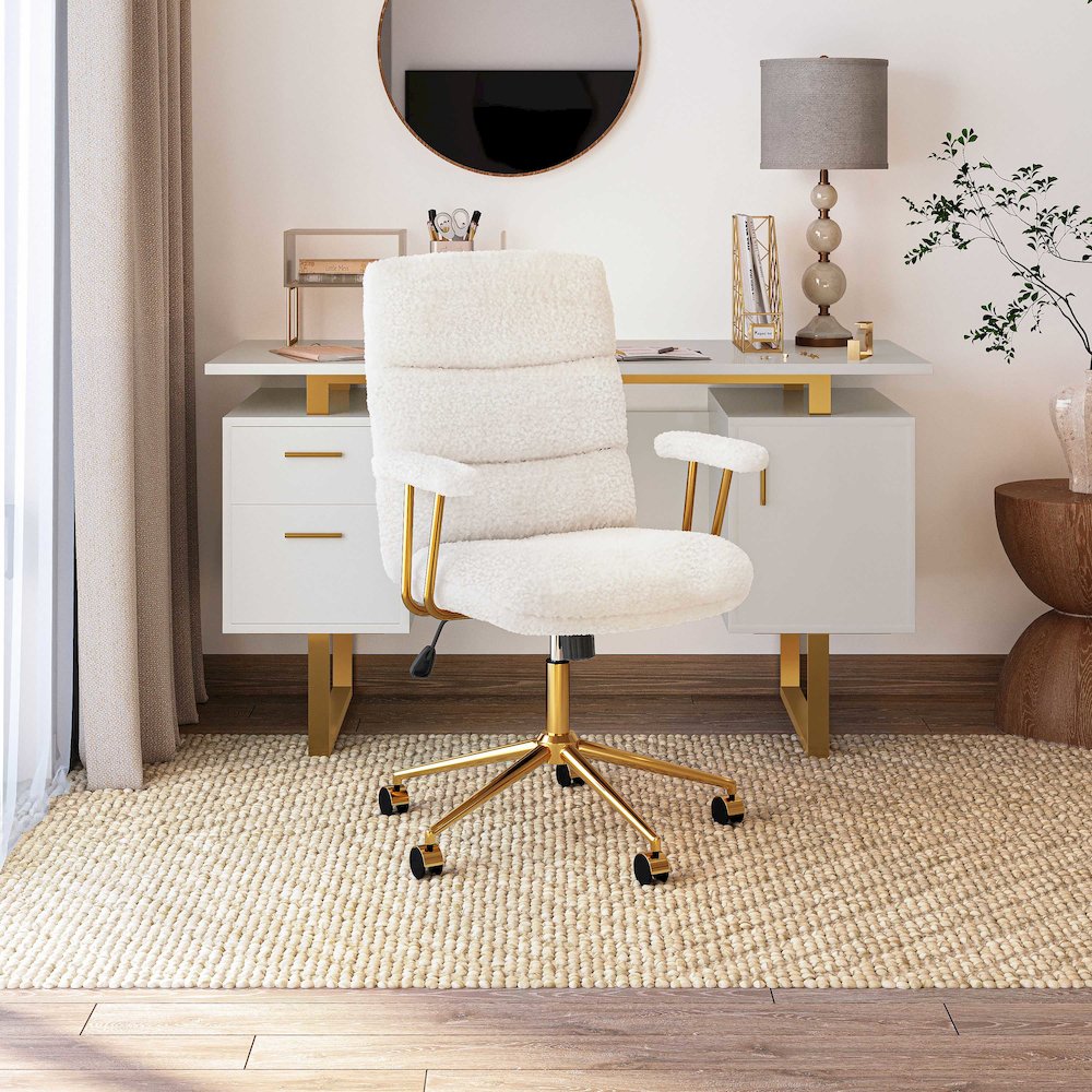 Textured Boucle Fabric White and Gold Office Chair. Picture 8
