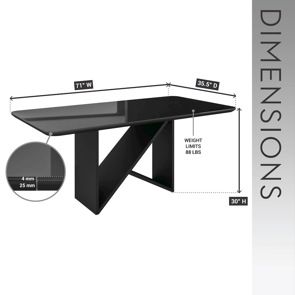6 Seater Dining Table with Painted Glass Top &  Elegant Wooden Base, Black. Picture 5