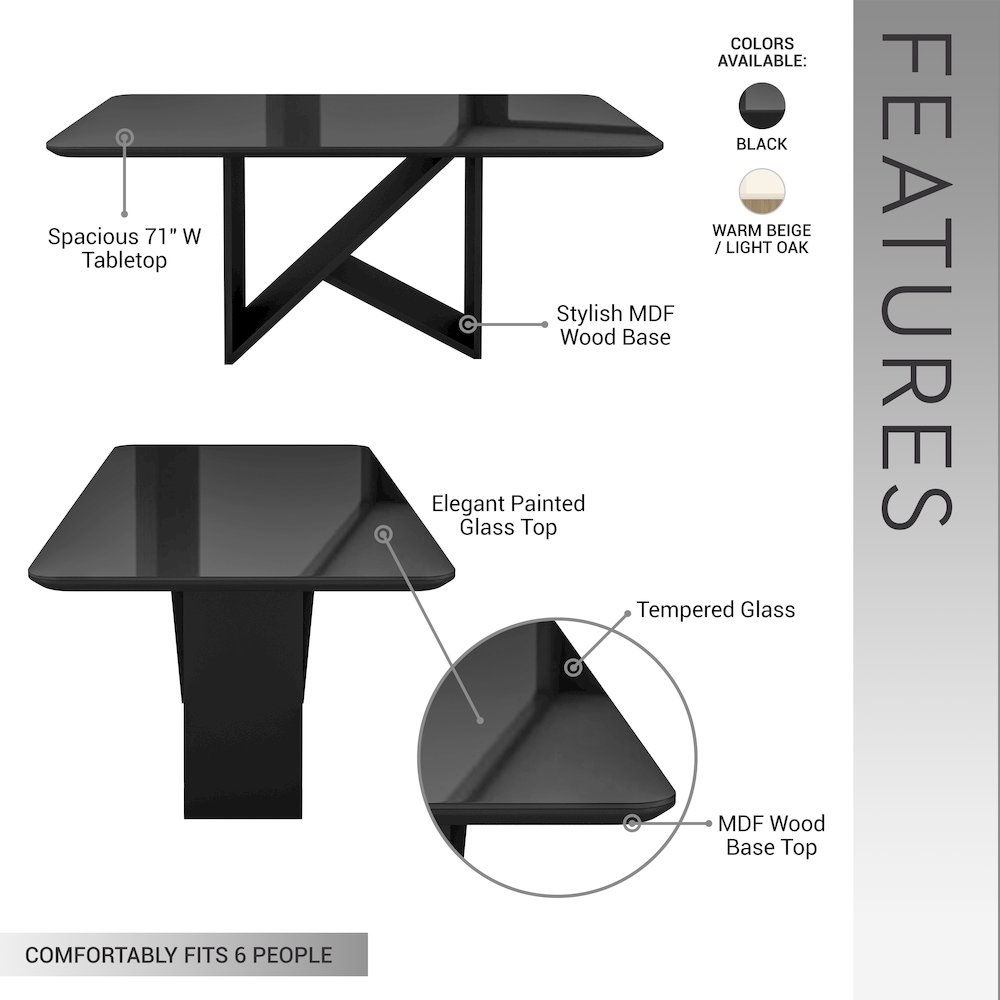 6 Seater Dining Table with Painted Glass Top &  Elegant Wooden Base, Black. Picture 6