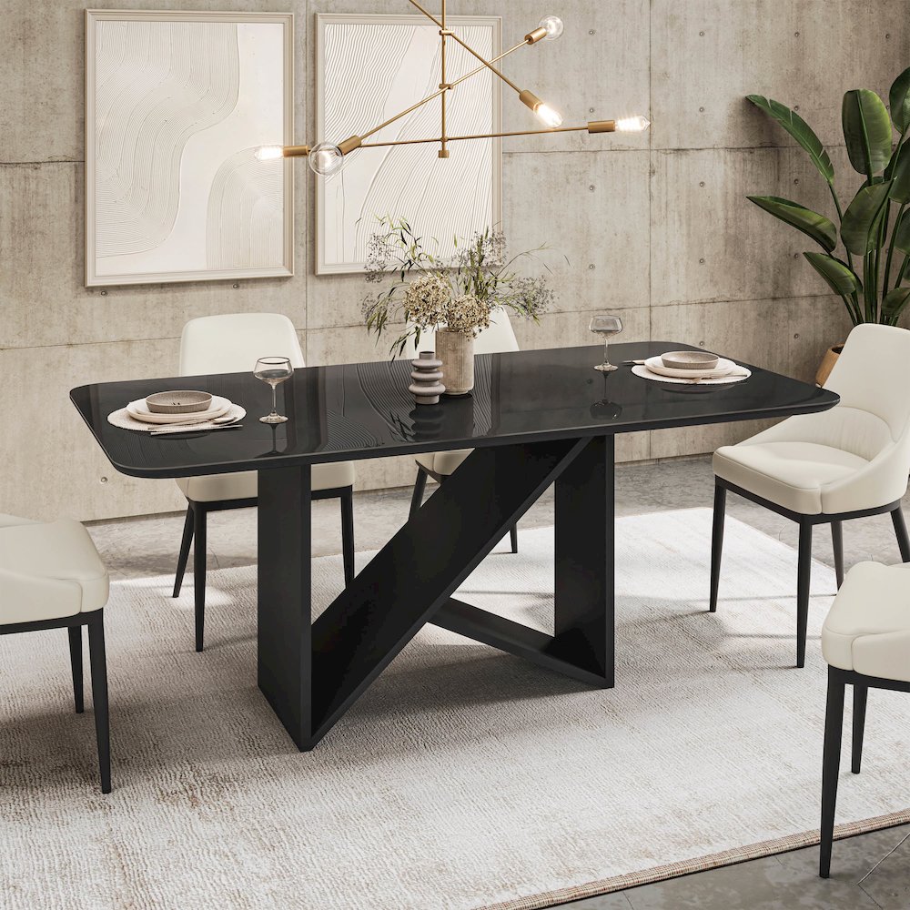 6 Seater Dining Table with Painted Glass Top &  Elegant Wooden Base, Black. Picture 7