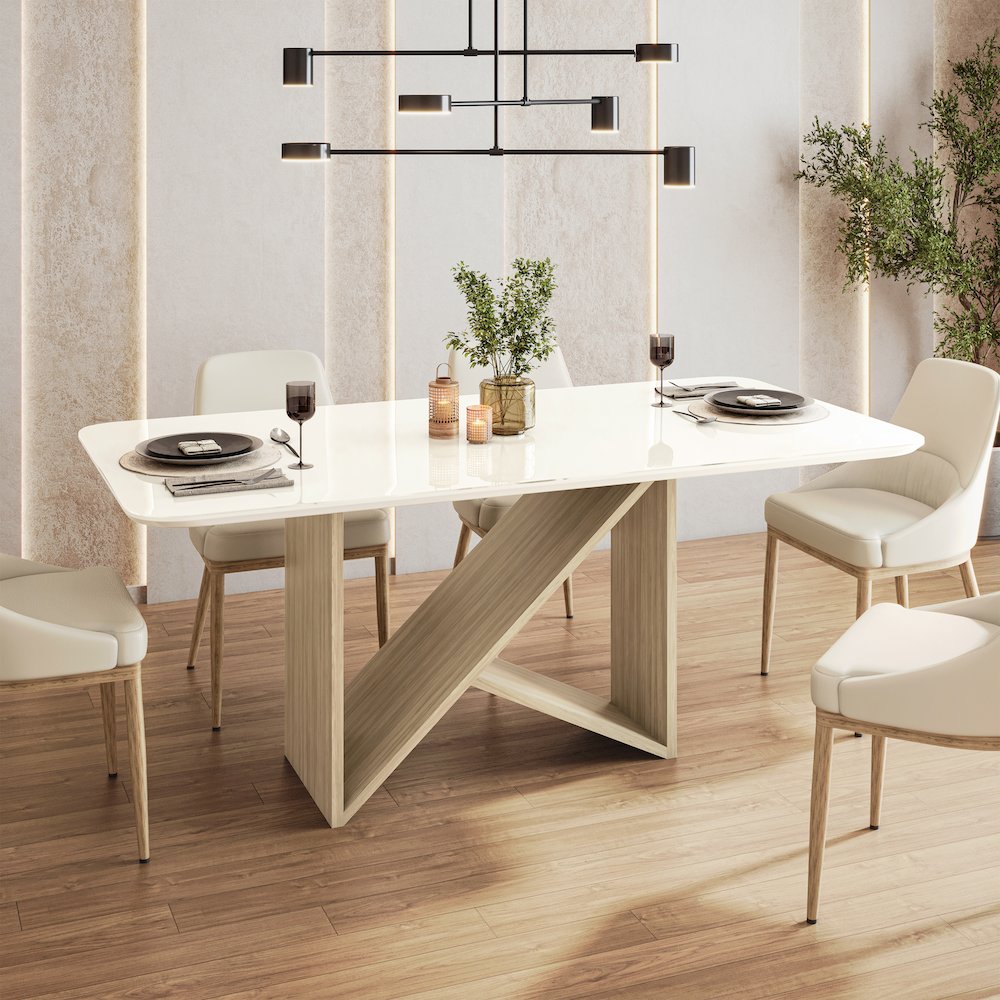 6 Seater Dining Table with Painted Glass Top &  Elegant Wooden Base. Picture 7