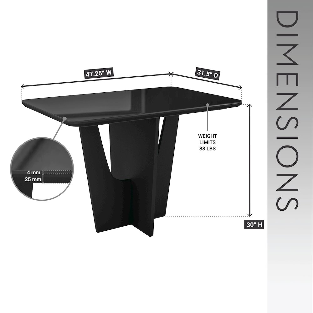 4 Seater Italian Dining Table with Painted Glass Top and Wooden Base, Black. Picture 5